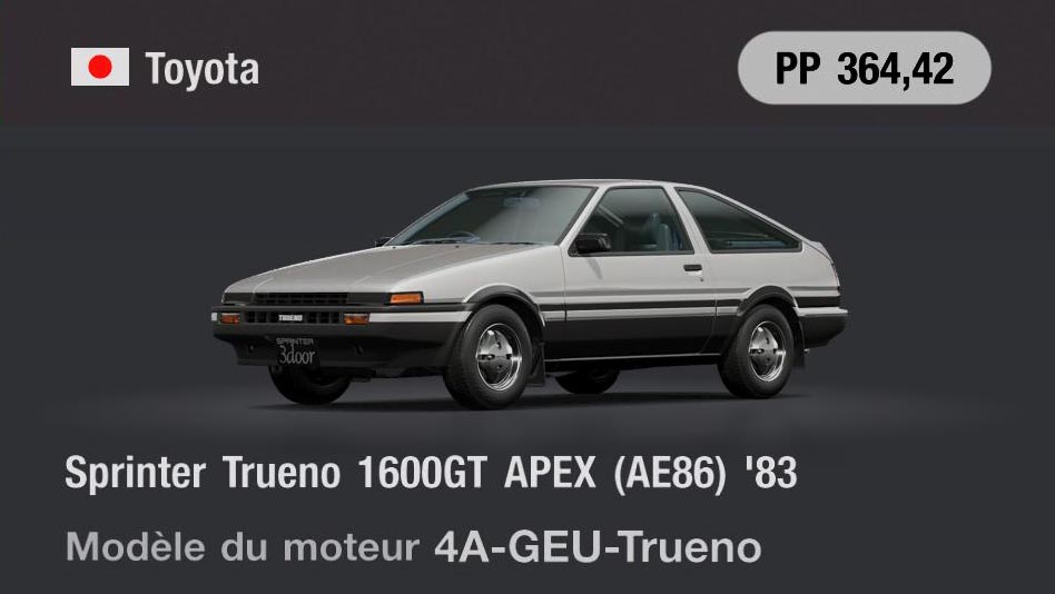 Toyota Sprinter Trueno 1600GT APEX (AE86) '83 - GT7
