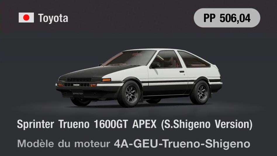 Toyota Sprinter Trueno 1600GT APEX (S.Shegeno Version) - GT7